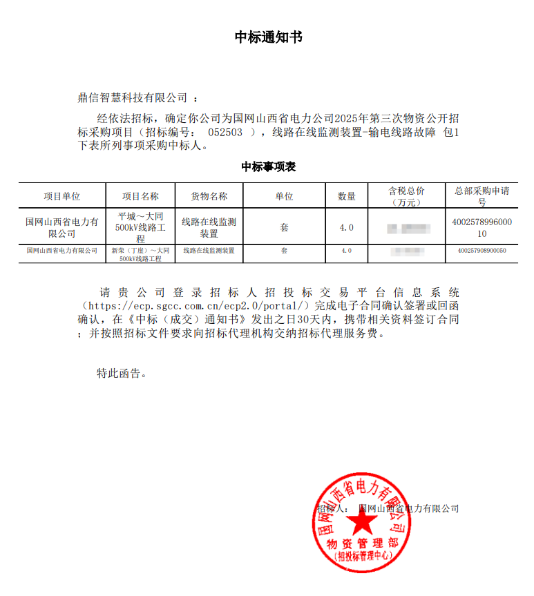 2025年10月11日 成功中标国网山西省电力公司的采购项目  线路在线监测装置（输电线路故障）