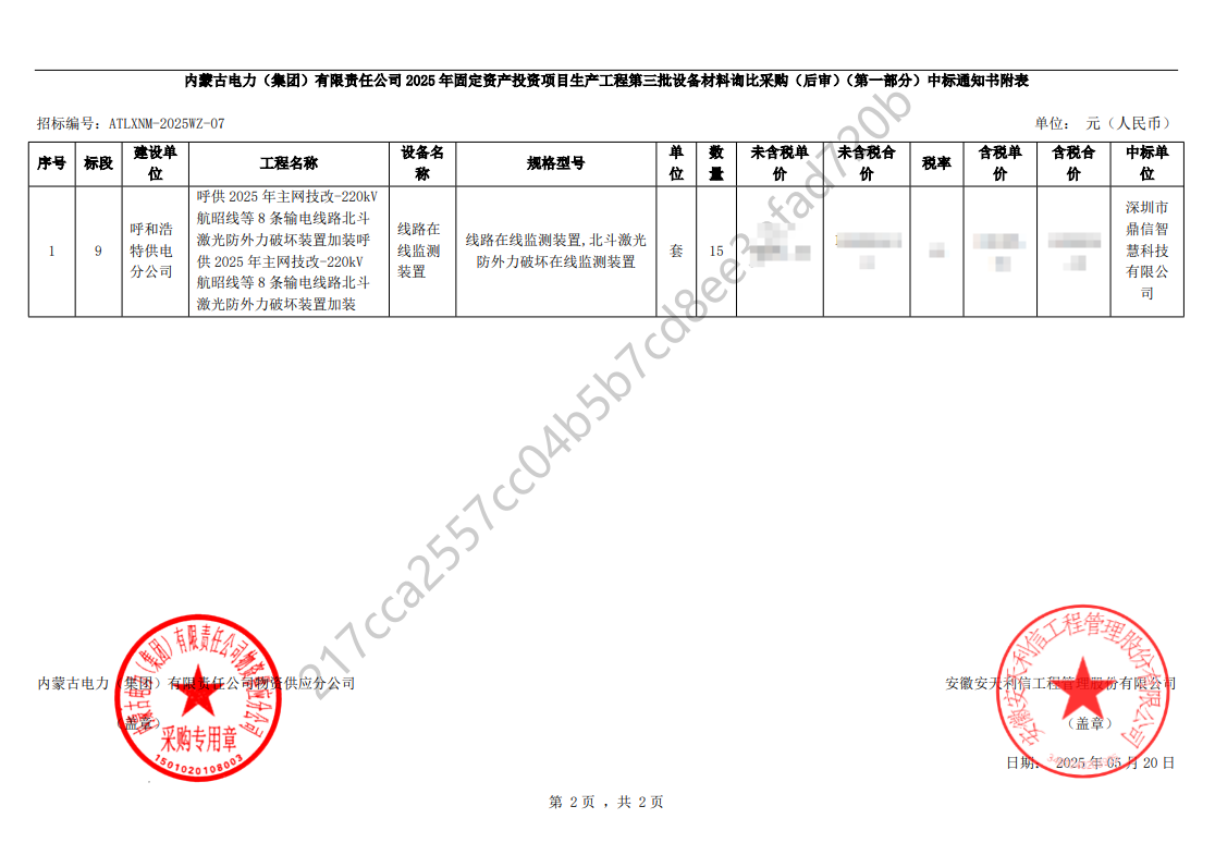 2025年5月20日 成功中标为内蒙古电力（集团）有限责任公司采购主设备线路在线监测装置