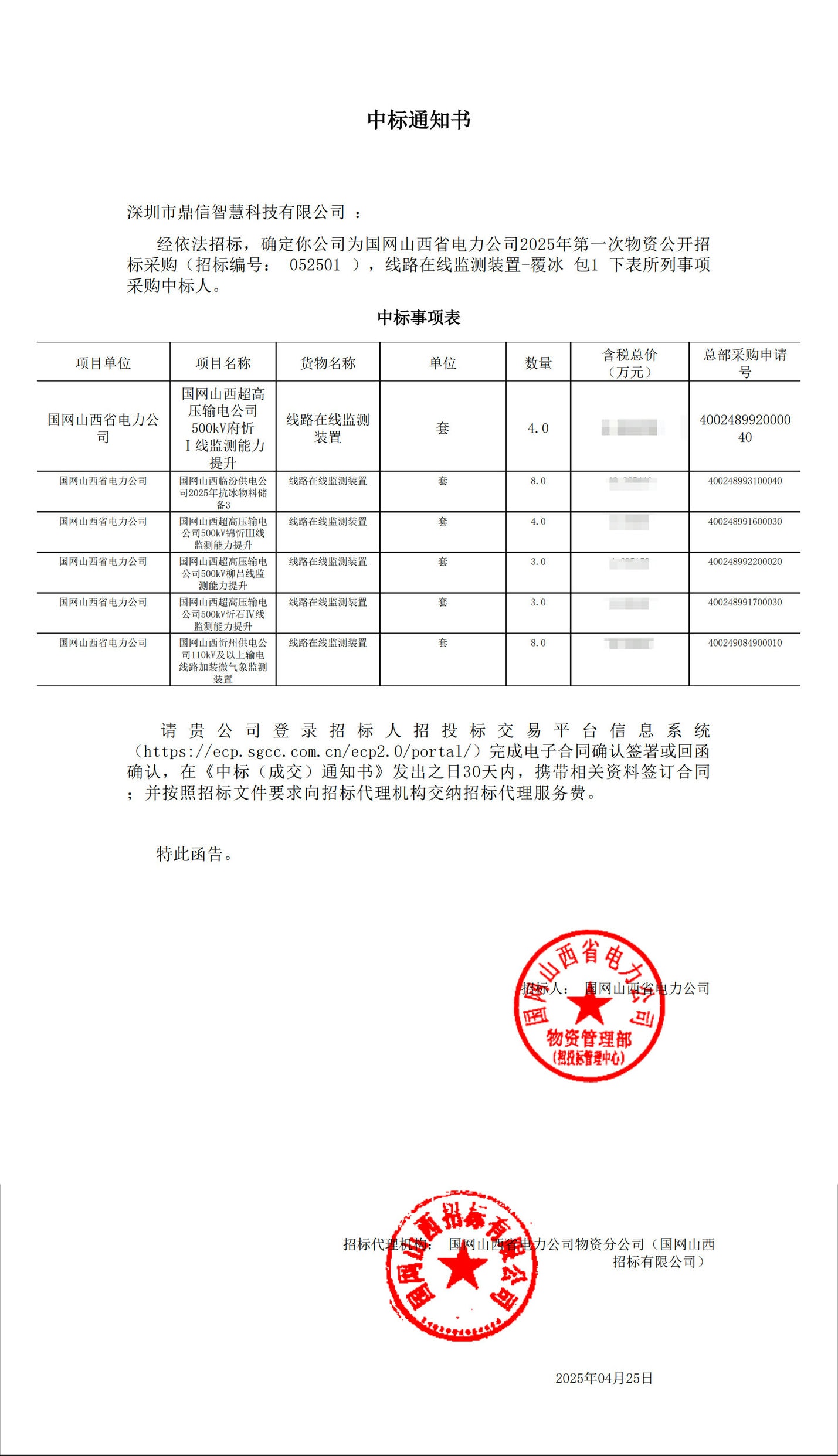 2025年4月25日 成功中标为国网山西省电力公司采购主设备线路在线监测装置