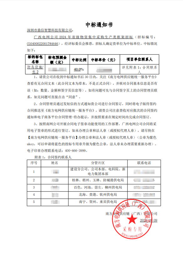 2024年08月06日 成功中標廣西電網公司采購主設備防鳥設施