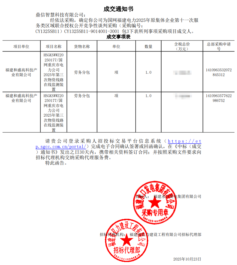 2025年10月23日 成功中标为福建和盛高科技产业有限公司采购项目  线路在线监测装置