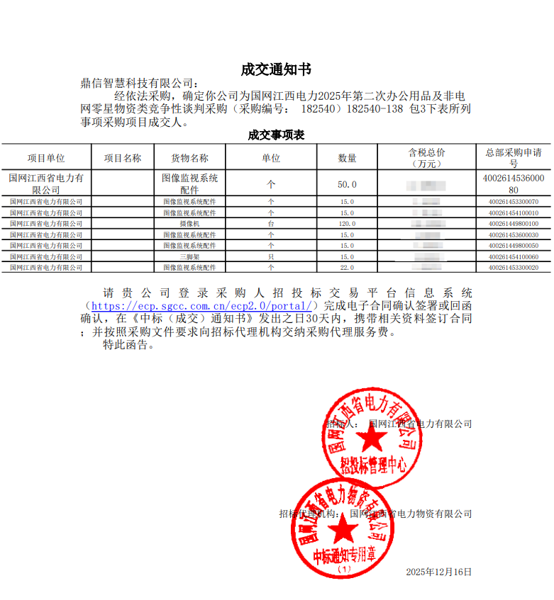 2025年12月16日 成功中标为国网江西电力有限公司采购项目  图像监视系统配件