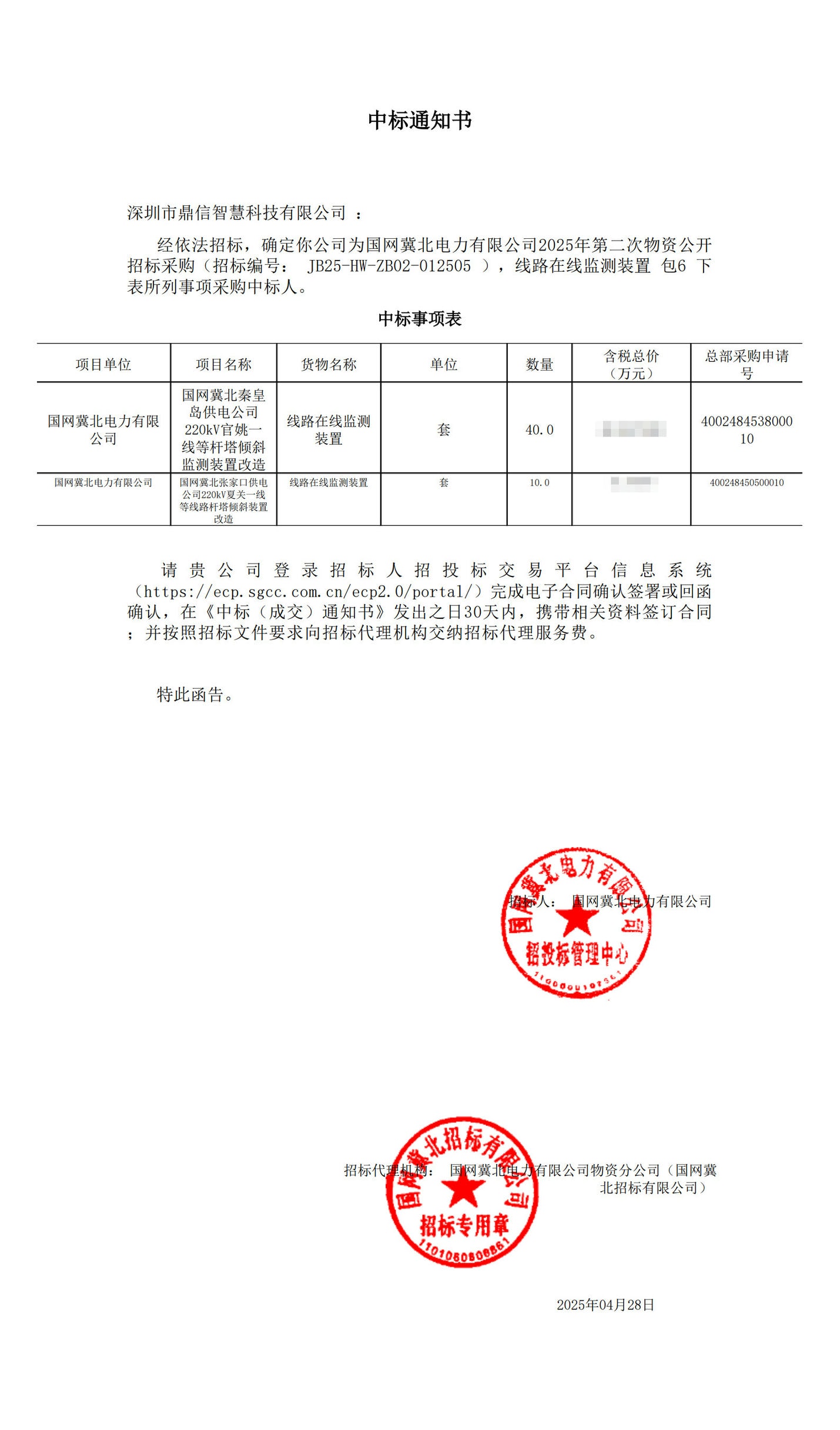 2025年4月28日 成功中标为为国网冀北电力有限公司采购主设备线路在线监测装置