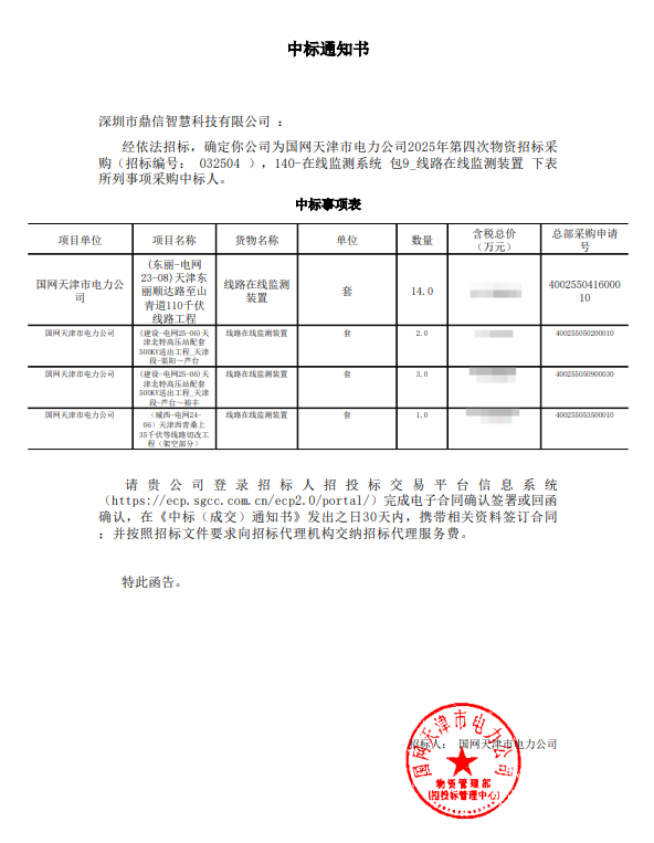 2025年8月20日 成功中标为国网天津市电力公司采购项目  线路在线监测装置